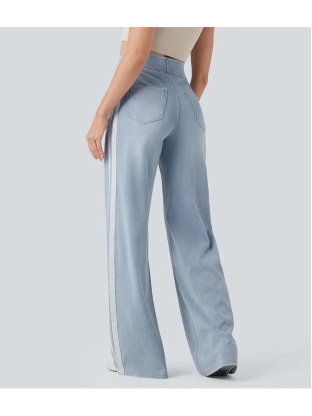 Halara Flex™ High Waisted Stripe Wide Leg Flowy Washed Casual Jeans Light Blue M - Picture 2 of 14